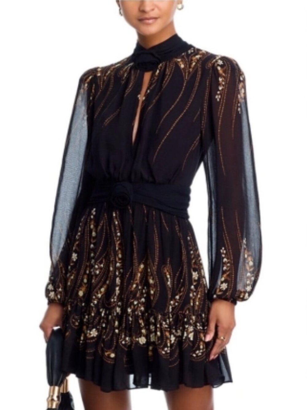 Farm Rio Garden Silhouette Black/Gold Long Sleeve Mini Dress NWT Small